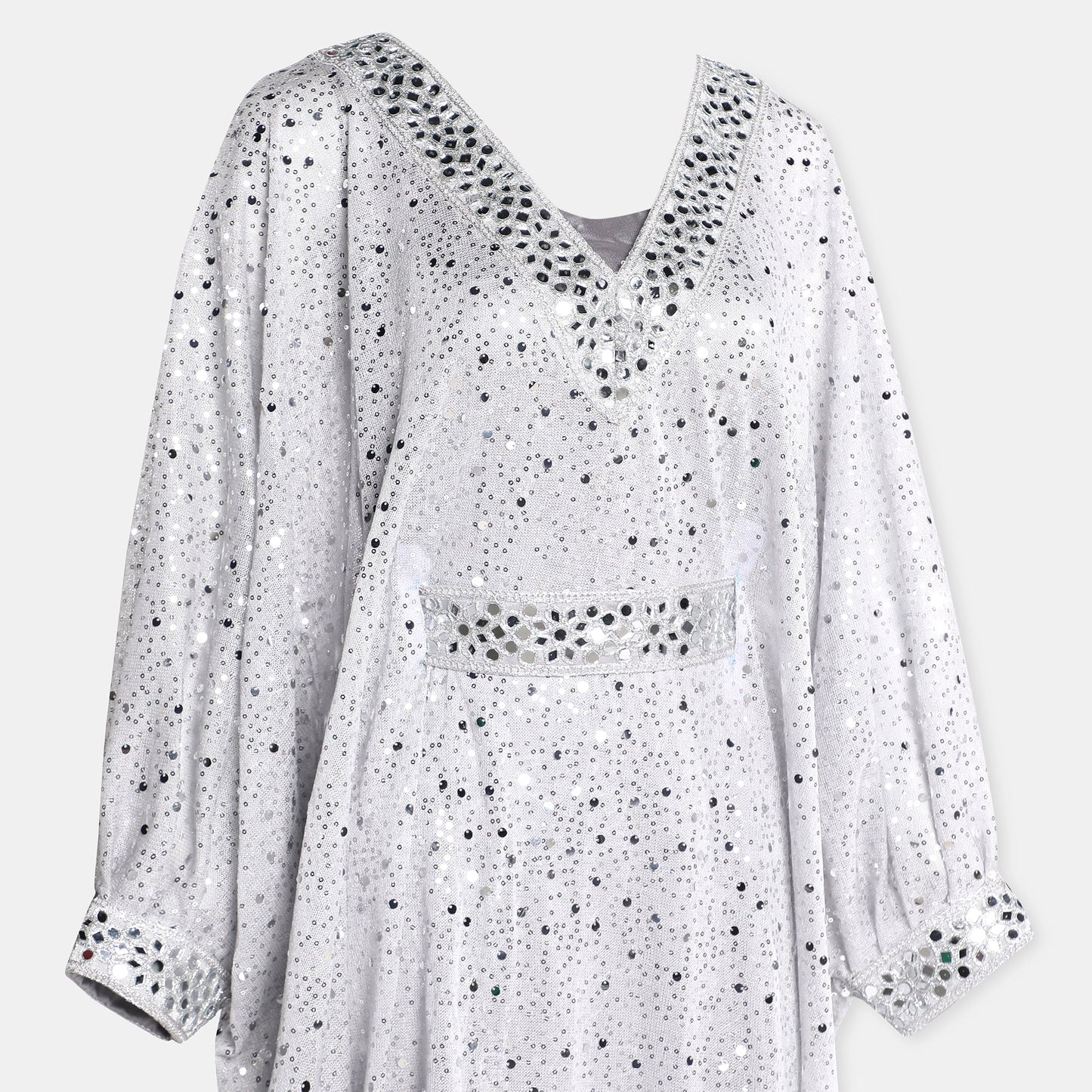 Silver Embellished Kaftan Dress With V Neckline And Billowy Sleeves