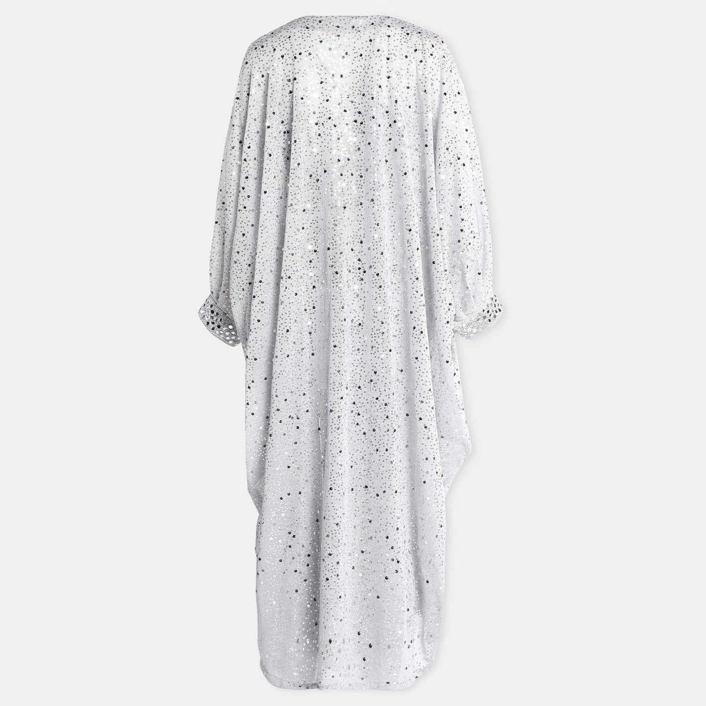 Silver Embellished Kaftan Dress With V Neckline And Billowy Sleeves