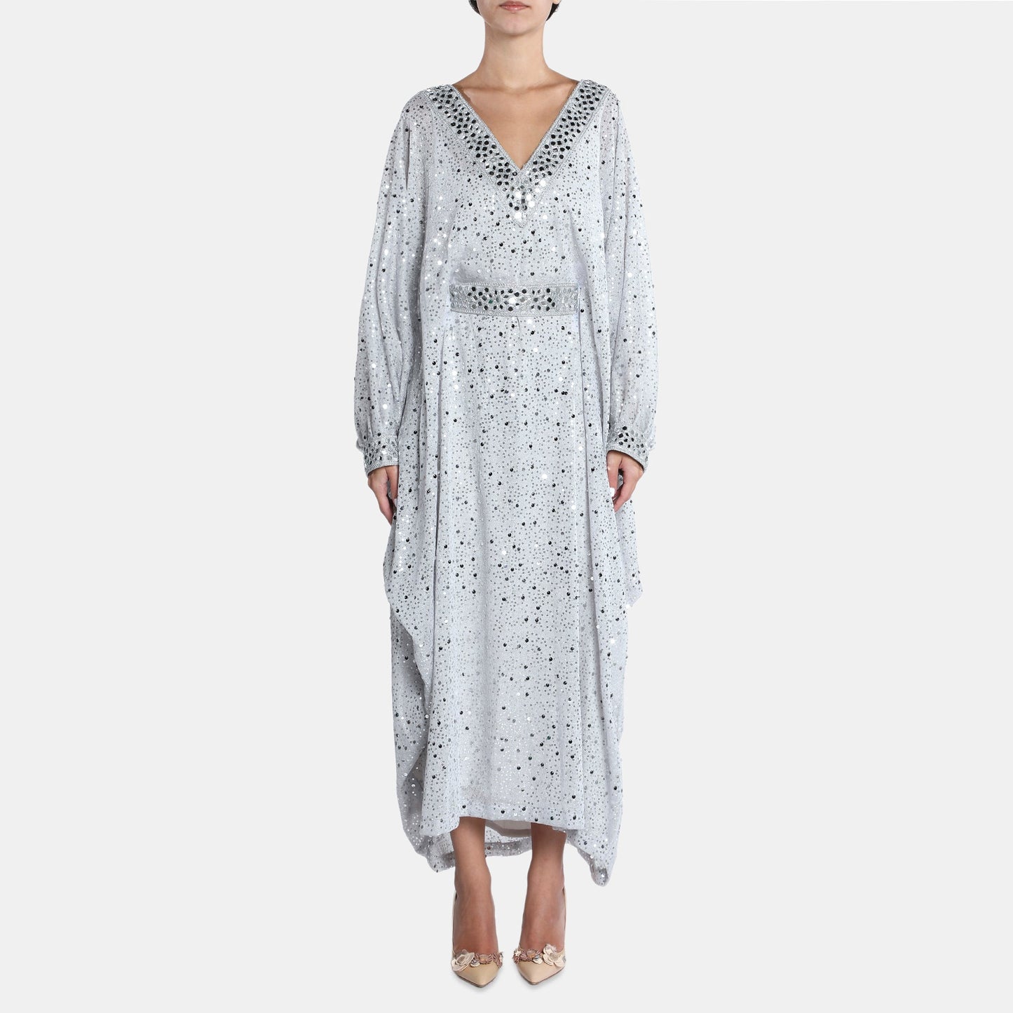 Silver Embellished Kaftan Dress With V Neckline And Billowy Sleeves