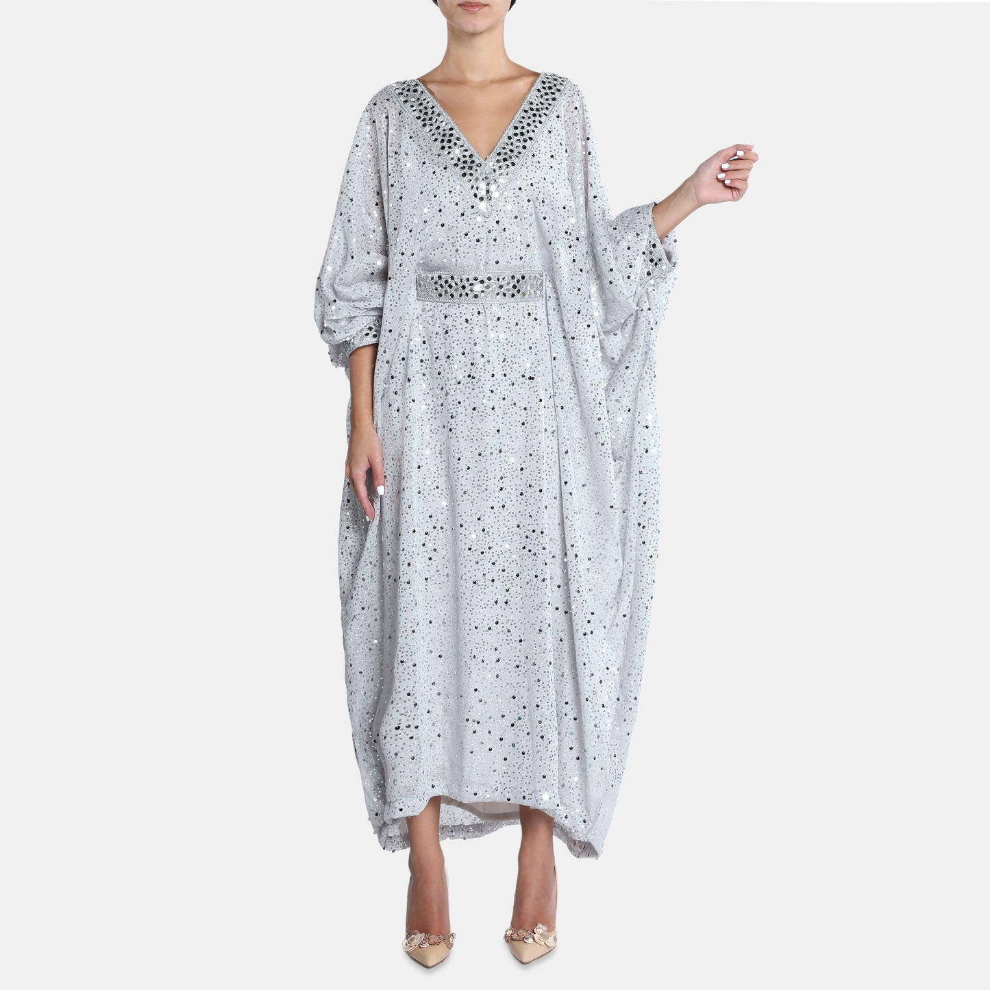 Silver Embellished Kaftan Dress With V Neckline And Billowy Sleeves