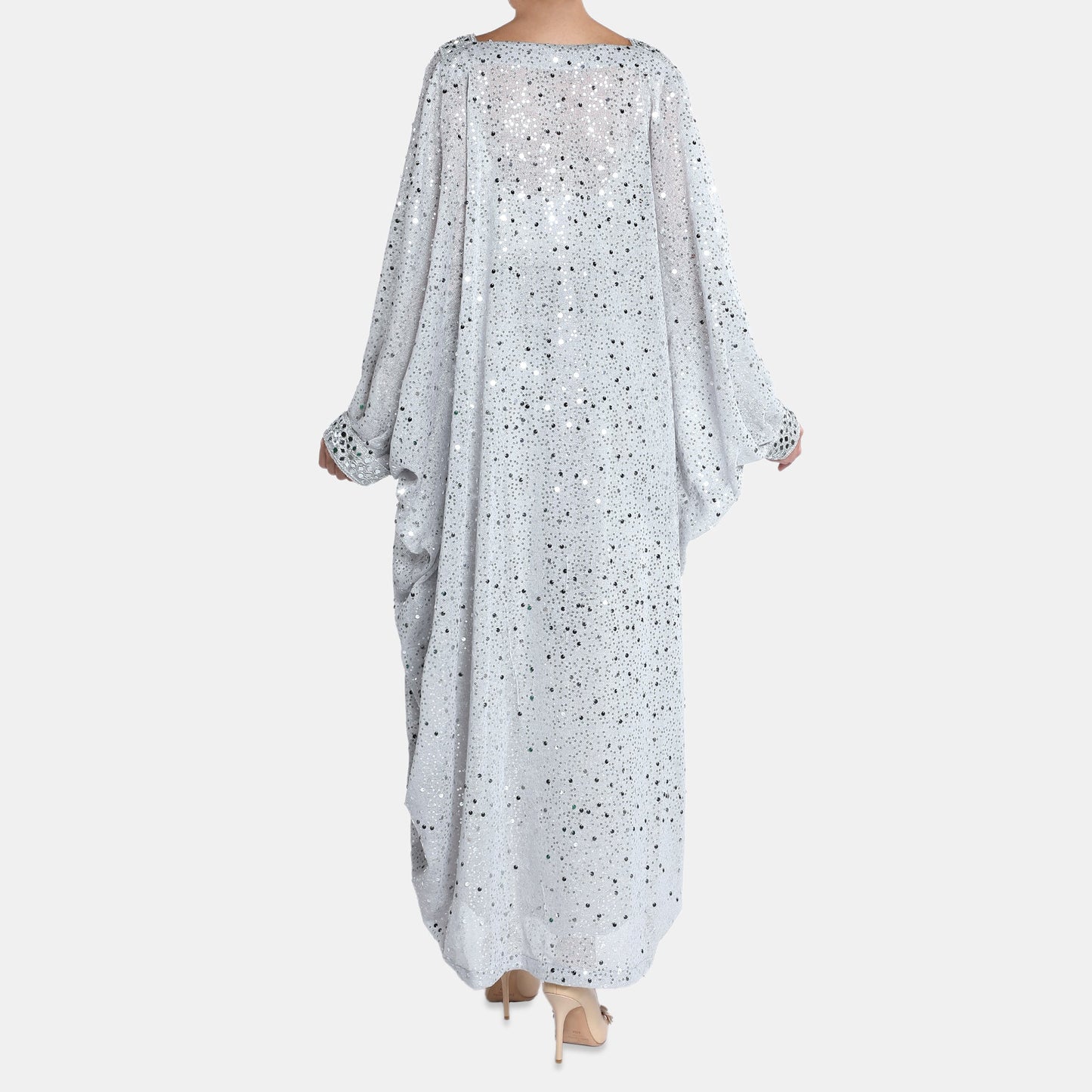Silver Embellished Kaftan Dress With V Neckline And Billowy Sleeves