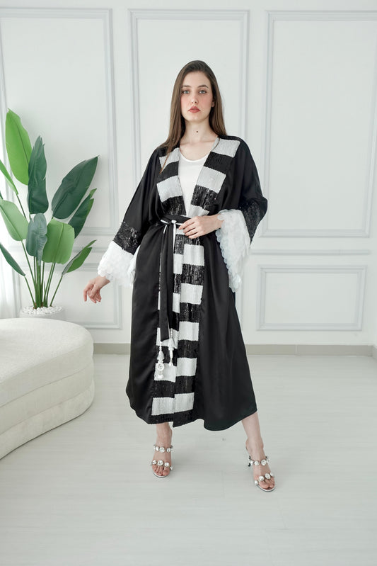 Black And White Embroidered Bisht With Belt