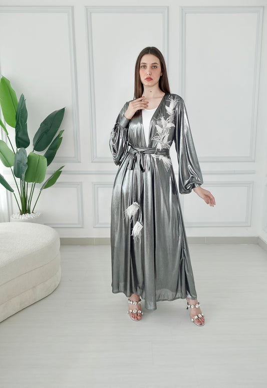 Shiny Silver Embroidered Kaftan