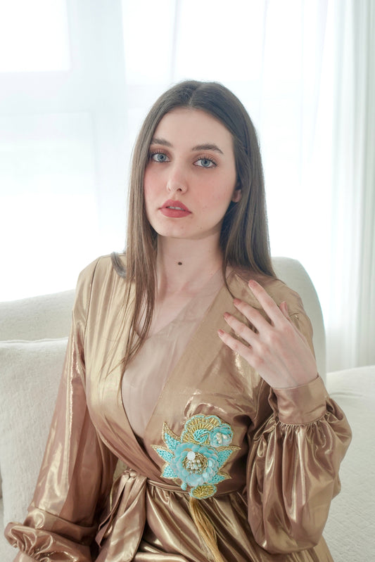 Shiny Gold Kaftan With Aflower Embroidery