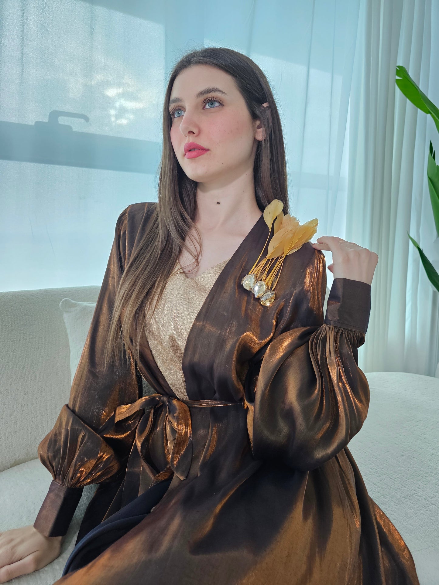 Shiny Bronze Kaftan With Stones And Feathers