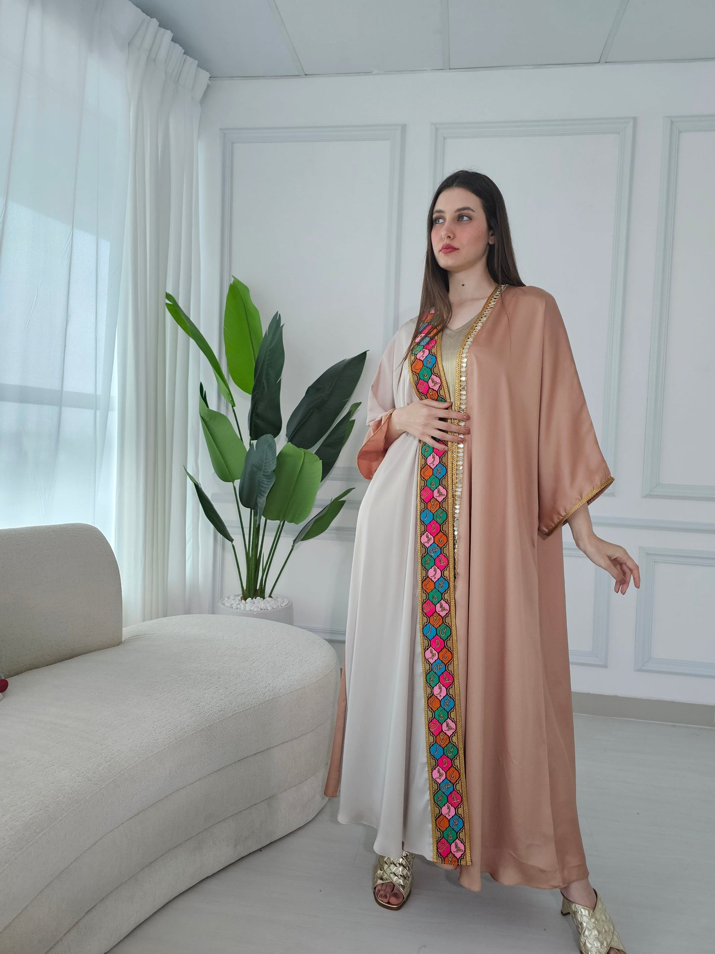 Colorful Abaya With Embroidered Calligraphy Trimming