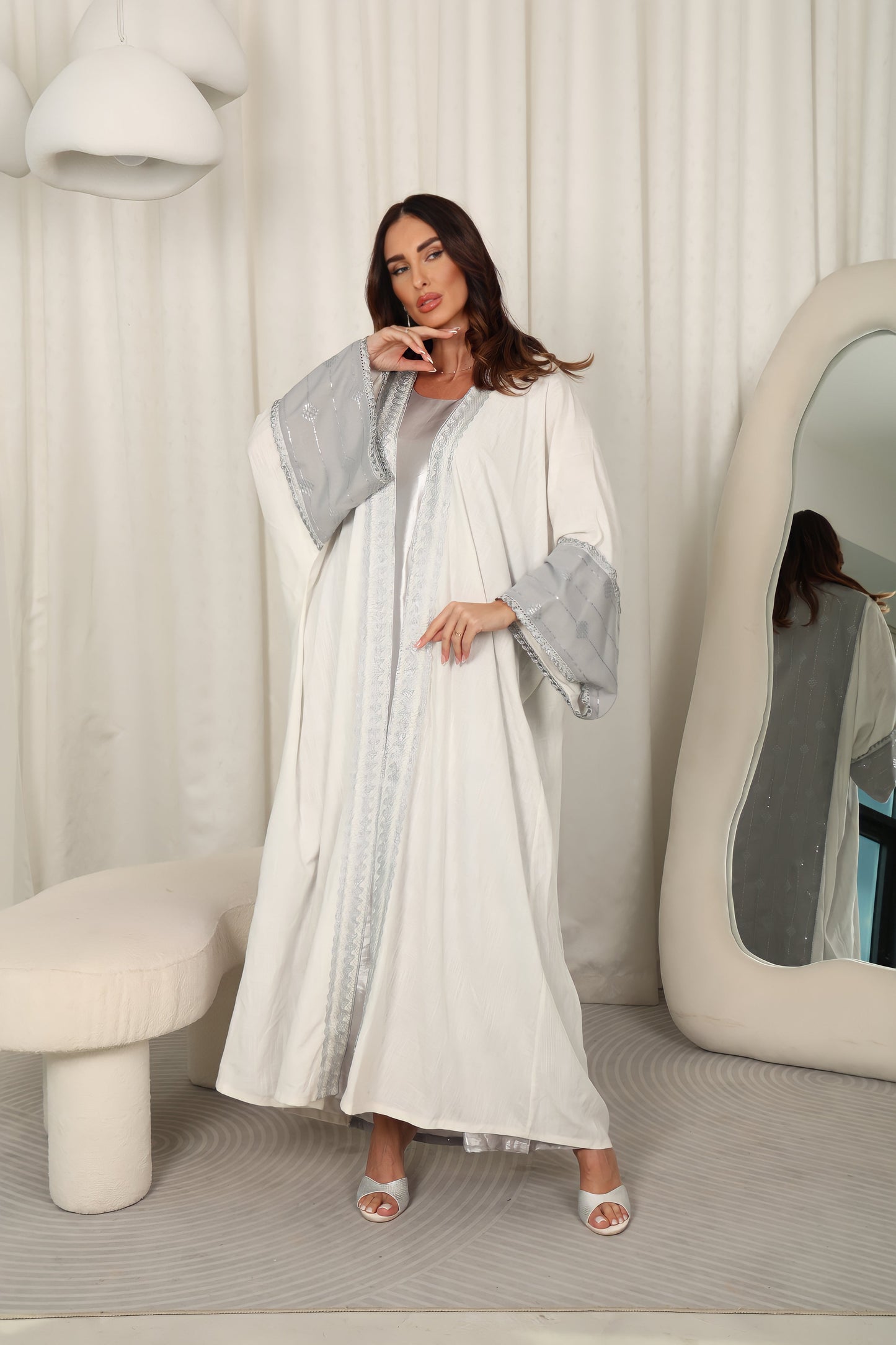 White Lincen Embrodered Abaya