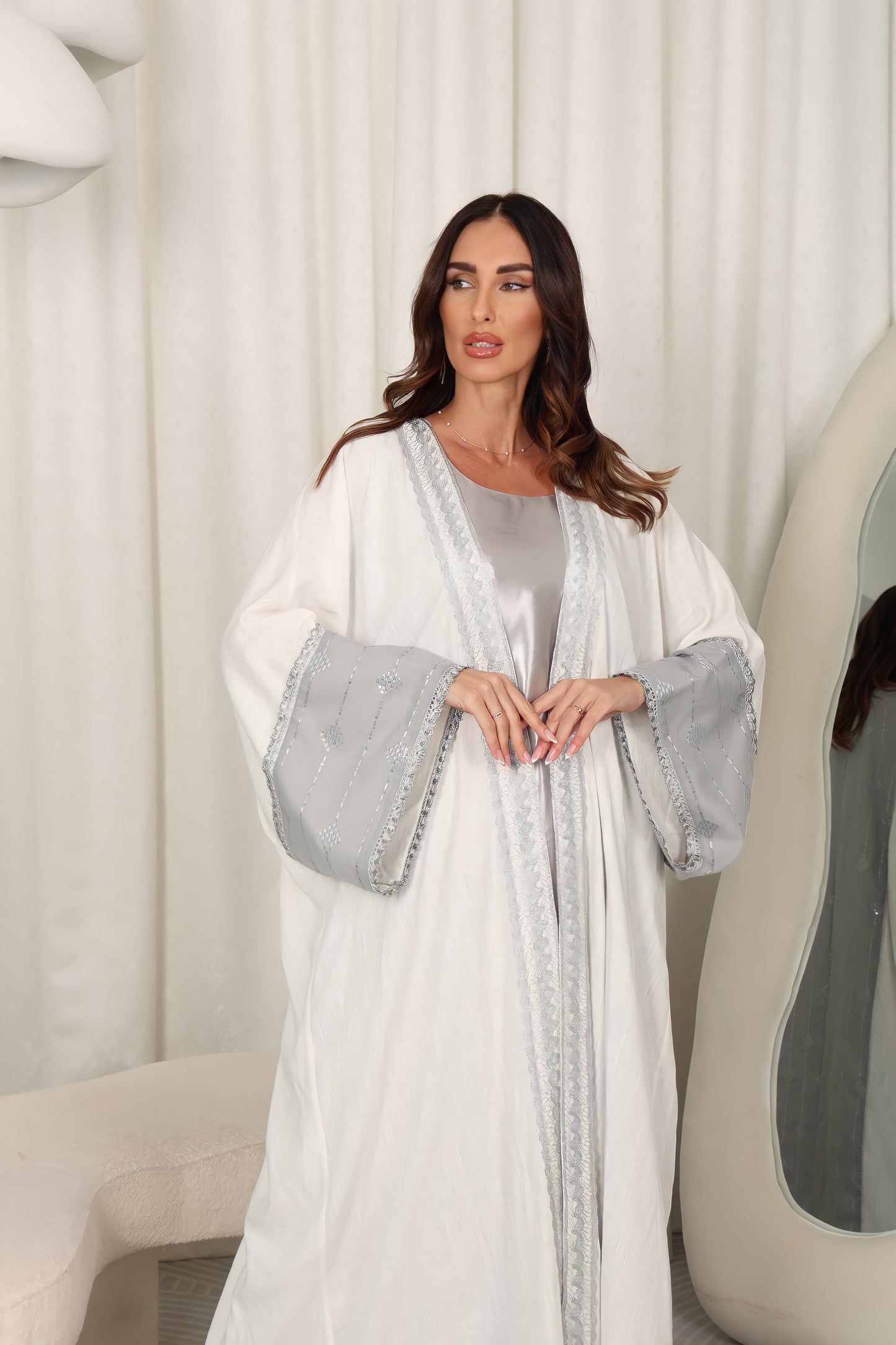 White Lincen Embrodered Abaya