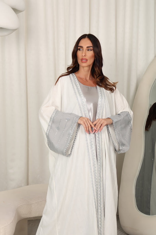 White Lincen Embrodered Abaya