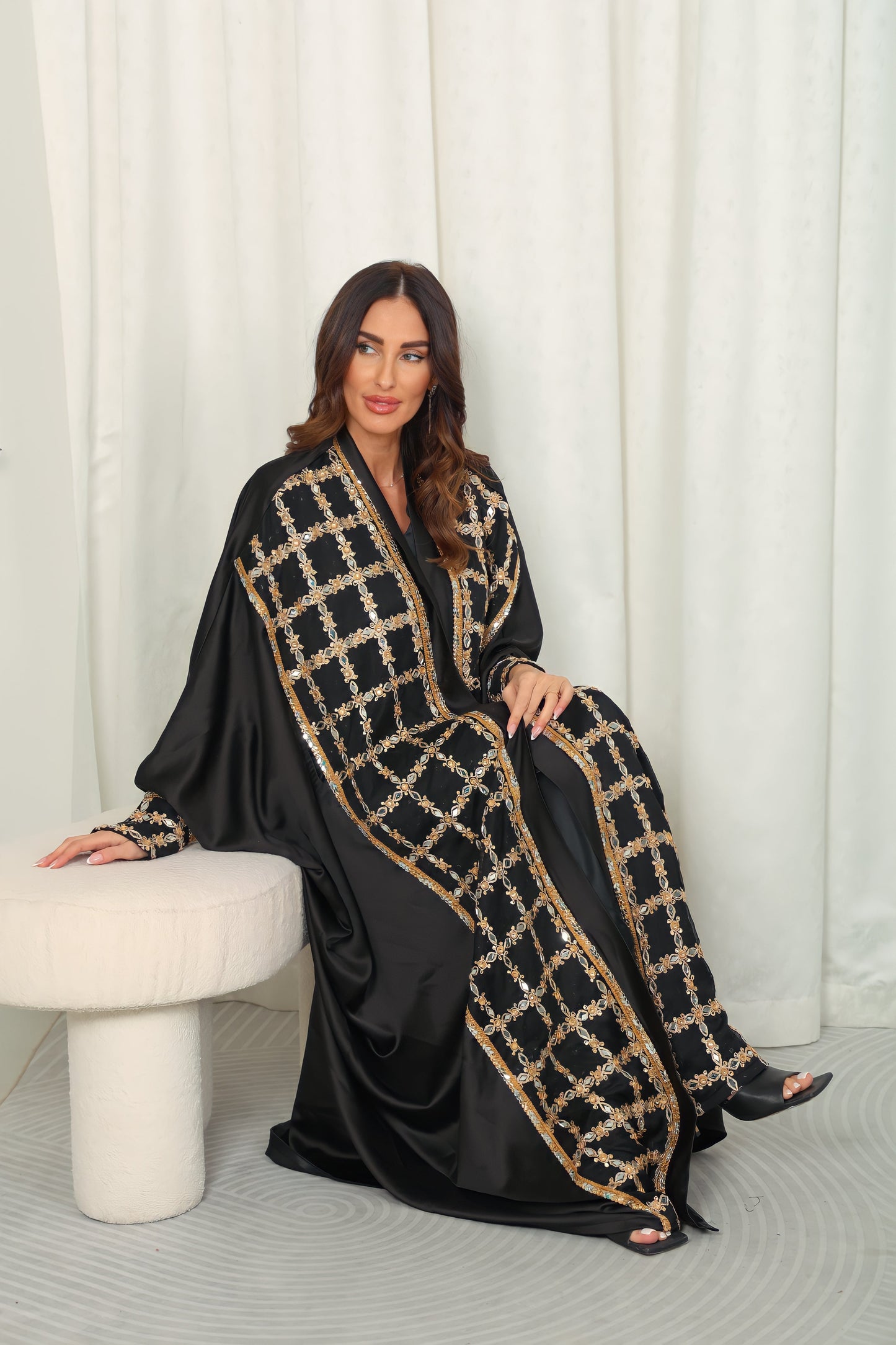 Black Embroidered Crepe Satin Abaya