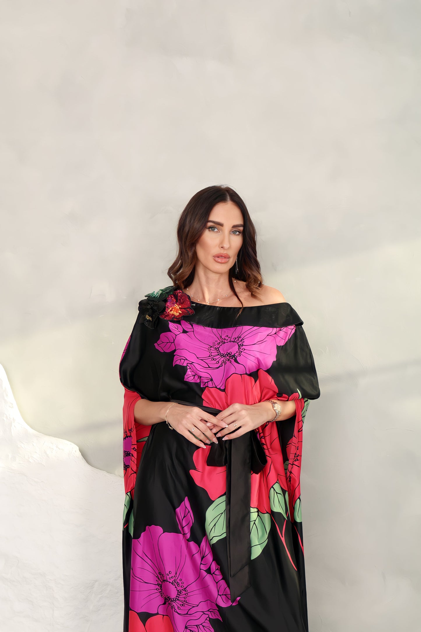 Silk Black – Printed With 3d Embroidered Flowers Design
