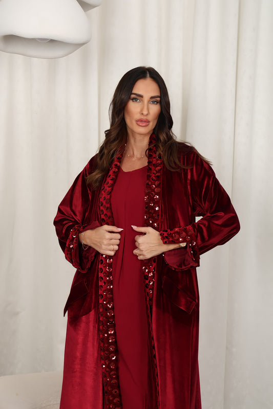 Burgundy Velvet With Flowers Sequence Embroidery Design