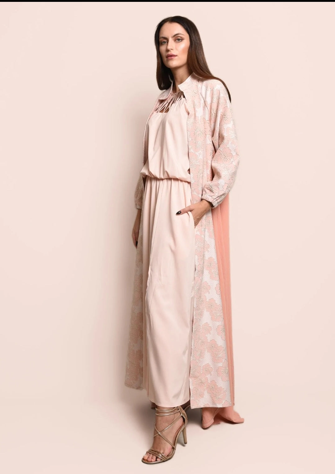 Peach Jacquard Crepe Abaya With Dress