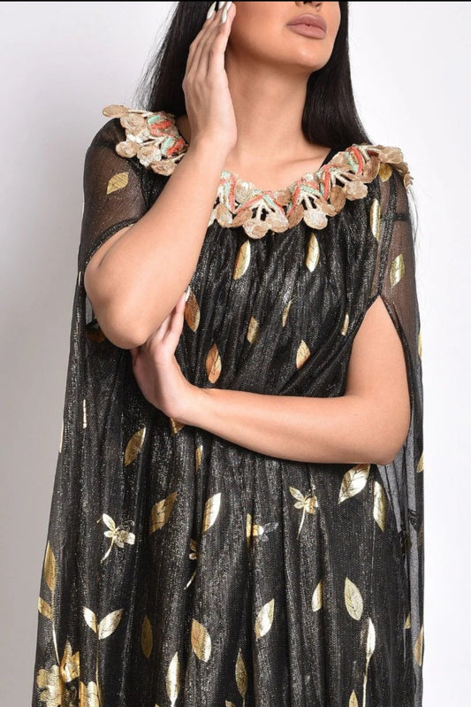 Silk gold dress – tulle with prints and handmade embroidery design