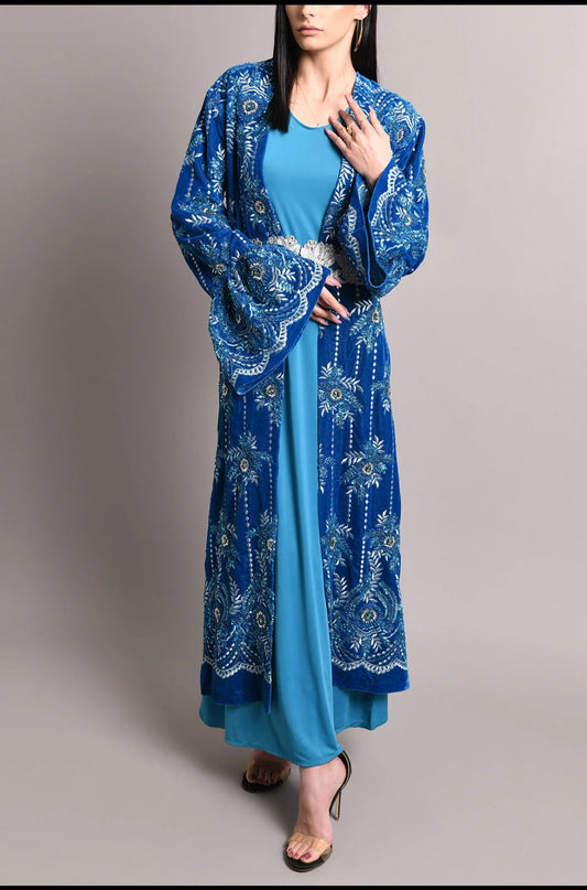 Turquoise velvet embroidered kaftan