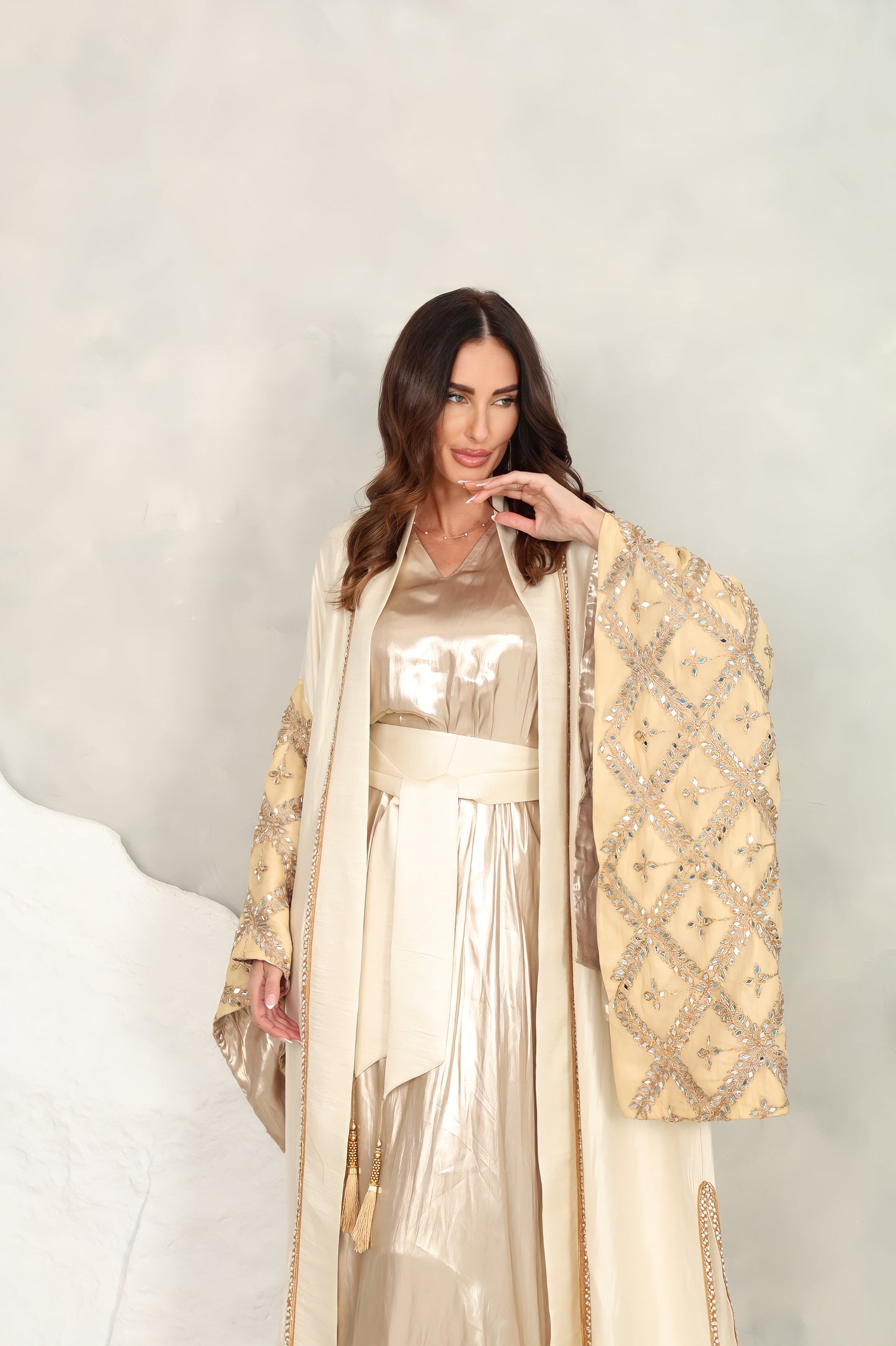 Beige Gold Kaftan With Mirror Embroidery