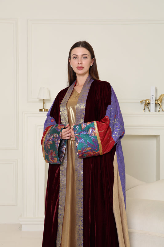 Burgundy Brokar Velvet Abaya