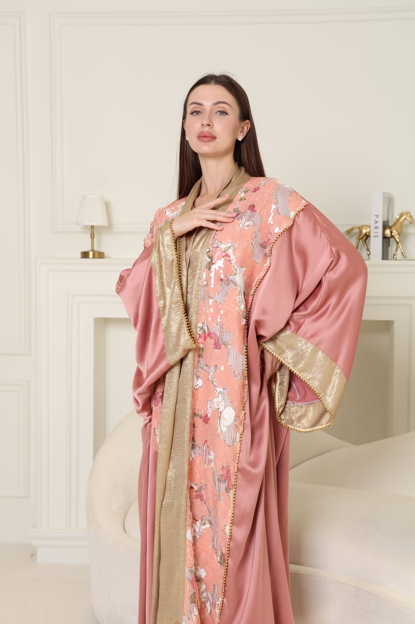 Peach Embroidered Crepe Satin Abaya