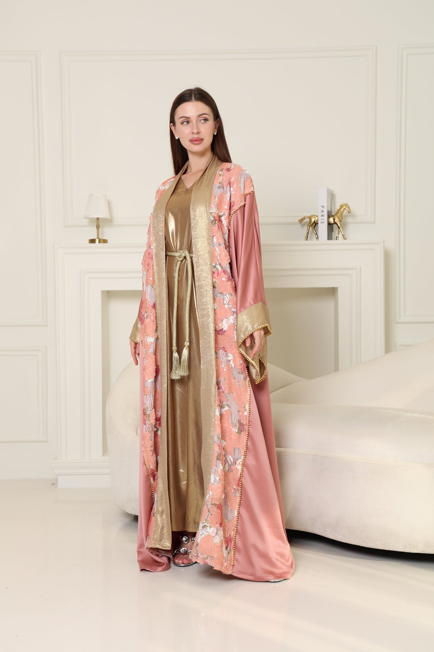 Peach Embroidered Crepe Satin Abaya