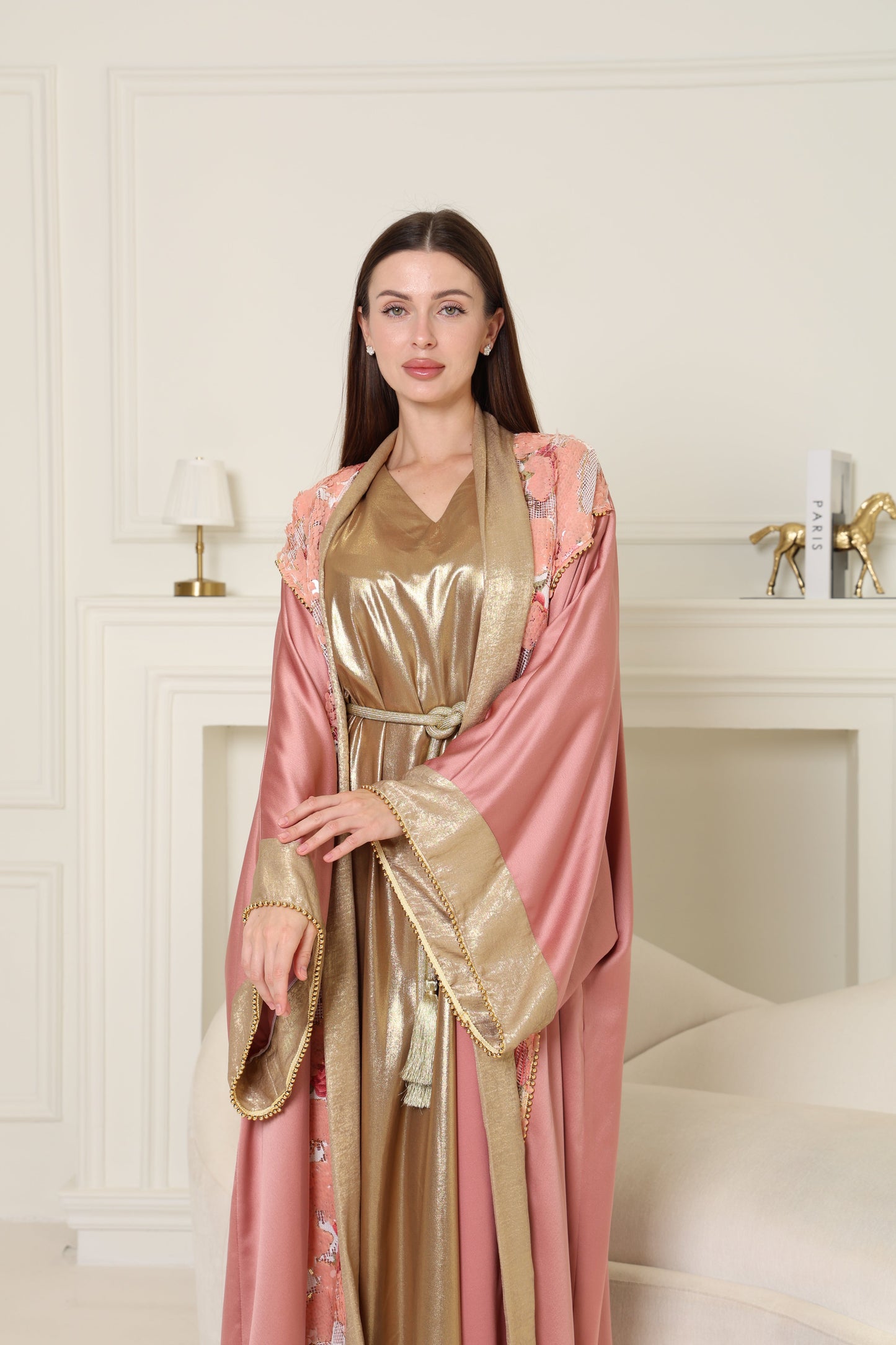 Peach Embroidered Crepe Satin Abaya