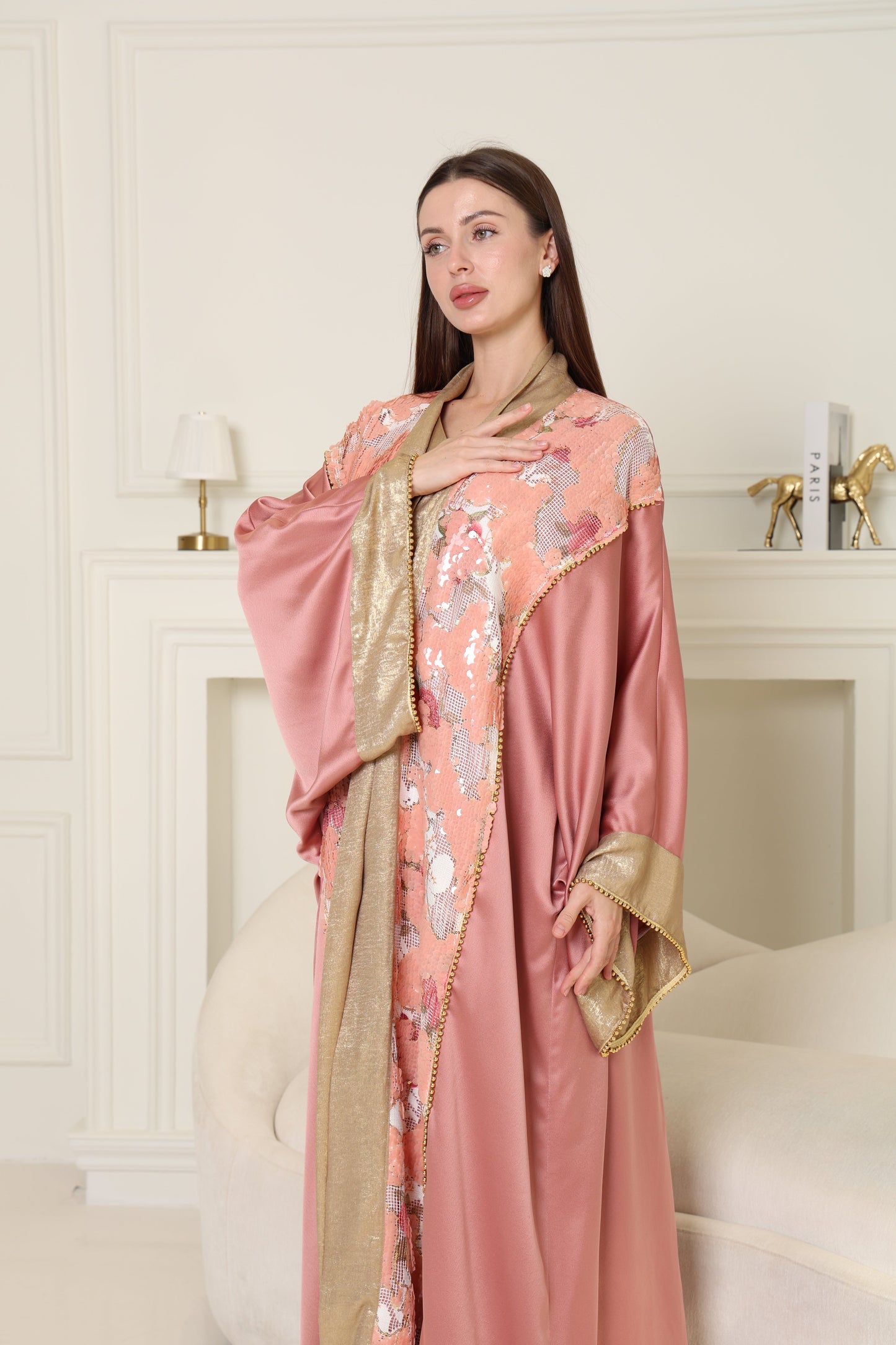 Peach Embroidered Crepe Satin Abaya