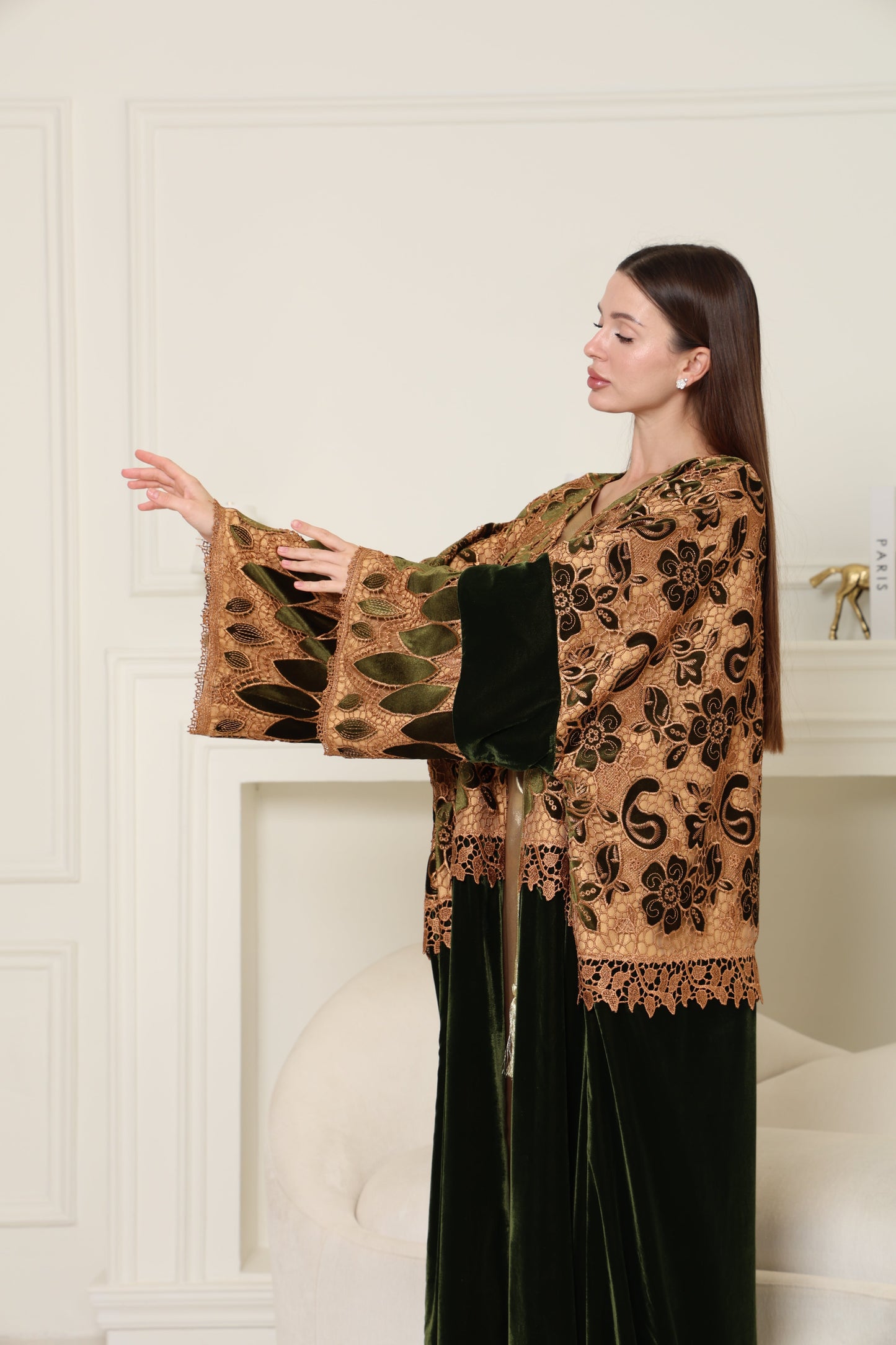 Olive Green Cut-Out Velvet Abaya