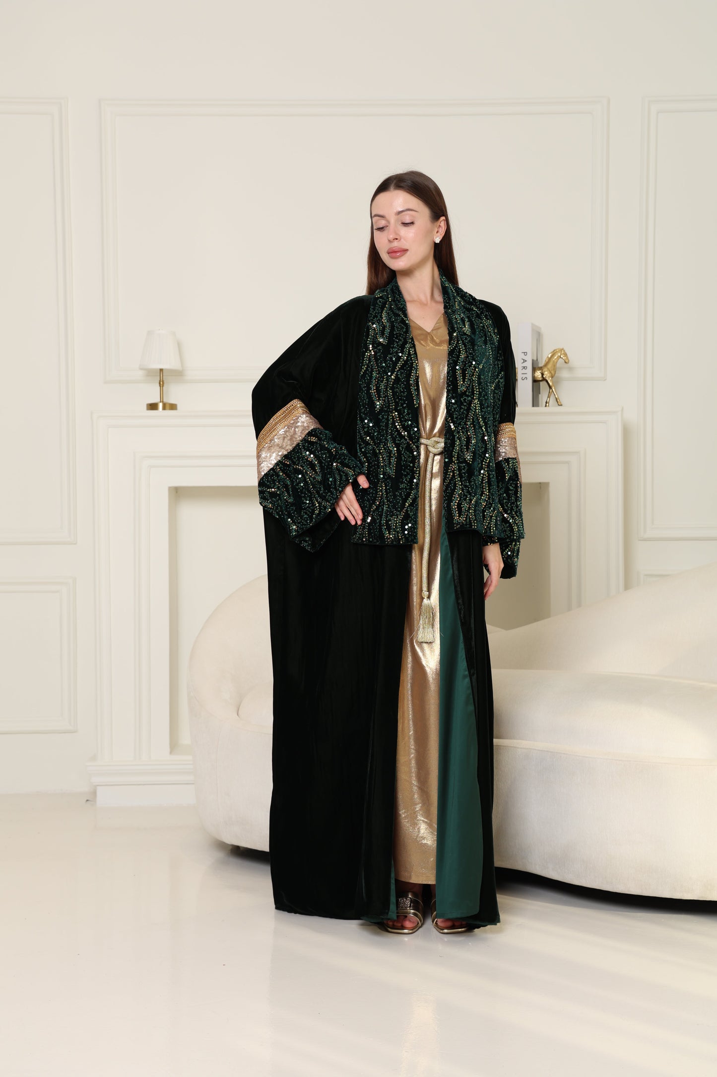 Green Embroidered Velvet Abaya