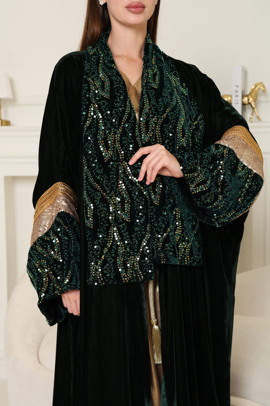 Green Embroidered Velvet Abaya