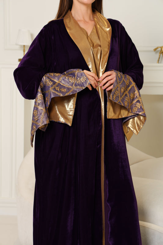 Purple Embroidered Velvet Abaya