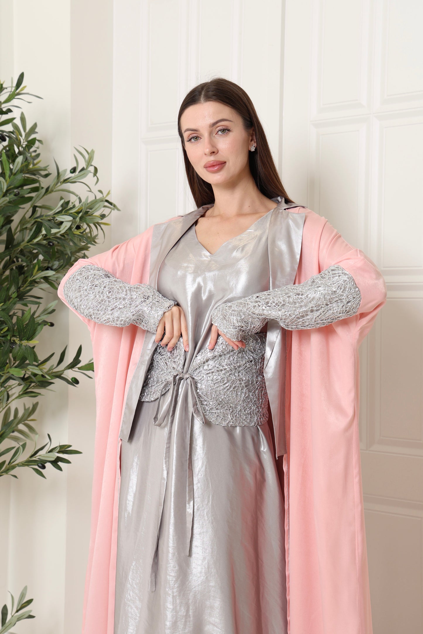 Pink Embroidered Crepe Satin Kaftan