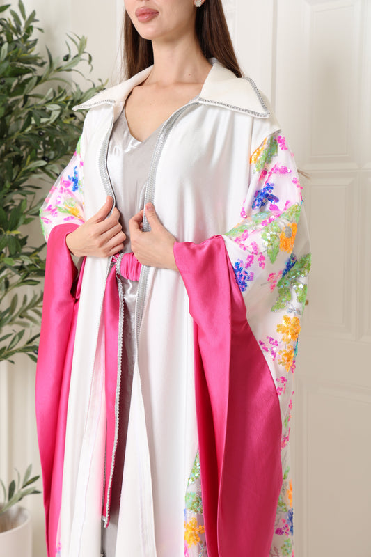 White Embroidered Crepe Satin Abaya