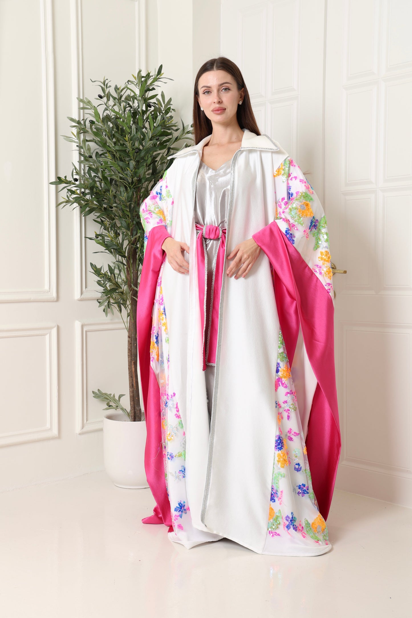 White Embroidered Crepe Satin Abaya