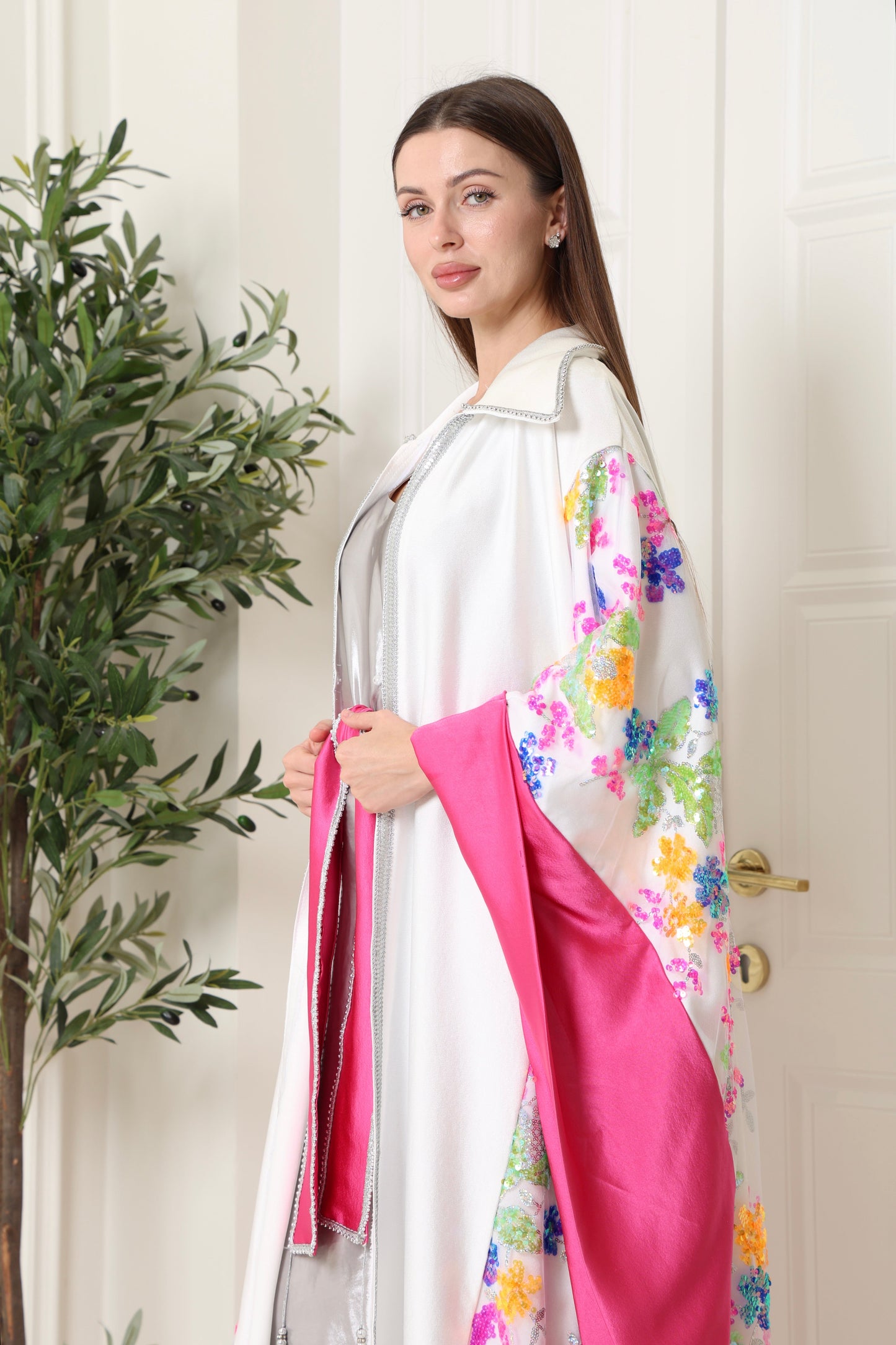 White Embroidered Crepe Satin Abaya