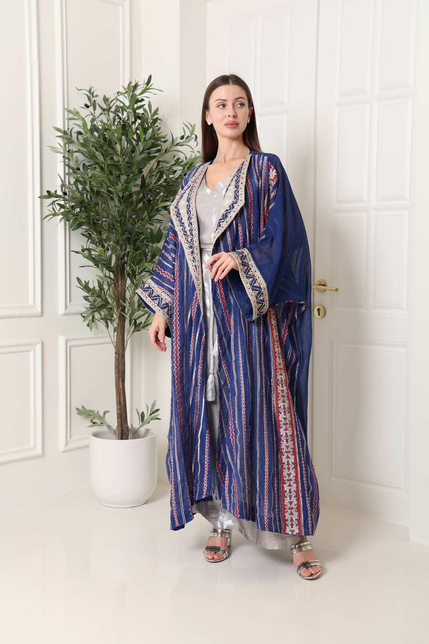 Navy Embroidered Linen Abaya