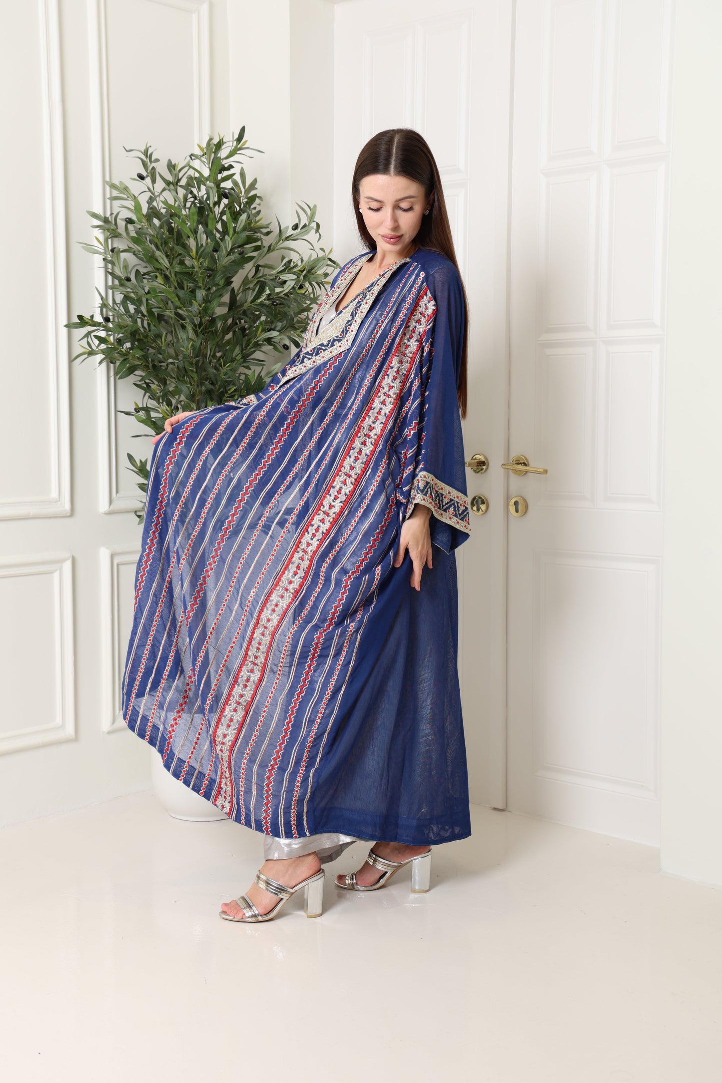 Navy Embroidered Linen Abaya