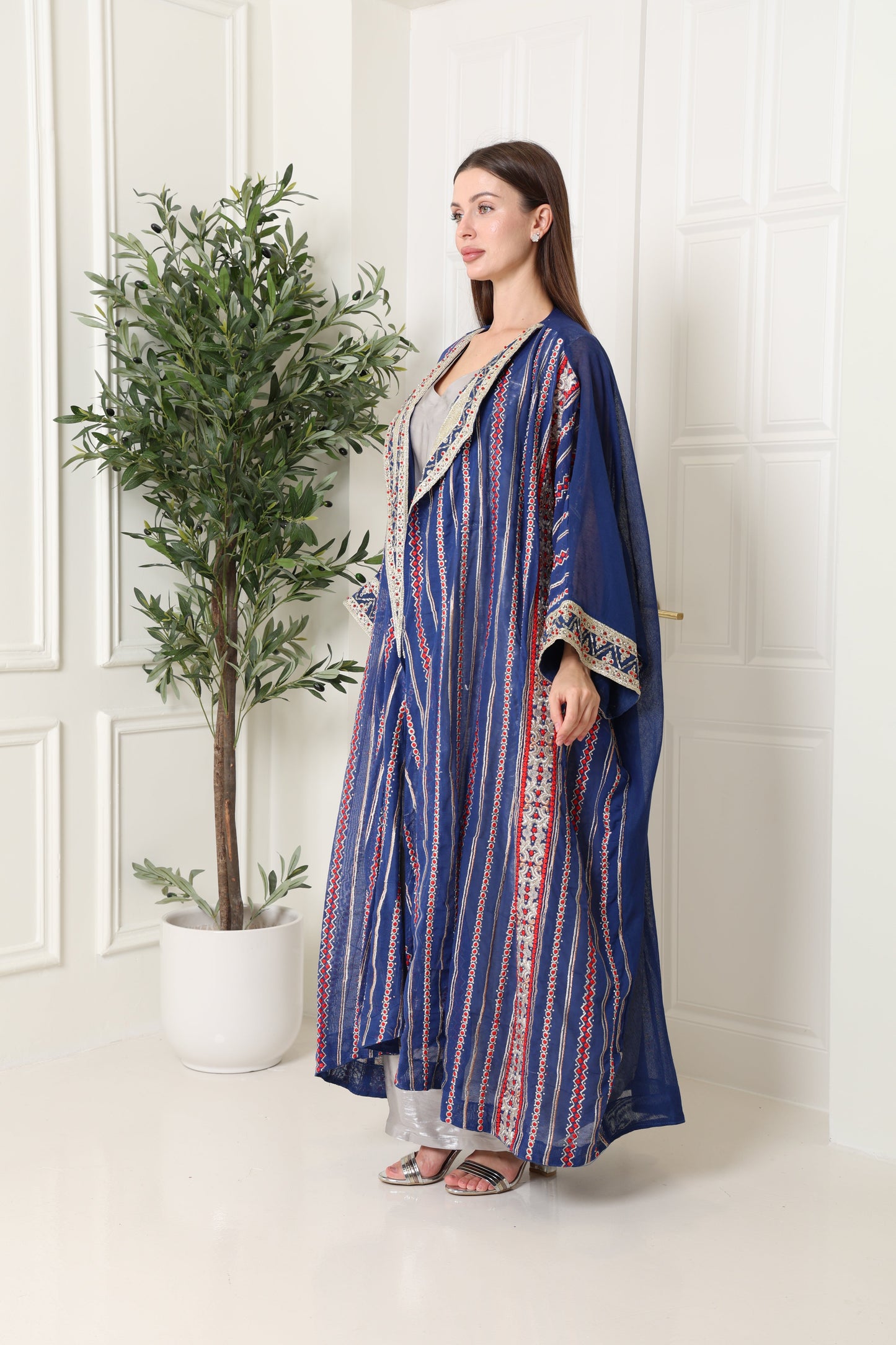 Navy Embroidered Linen Abaya