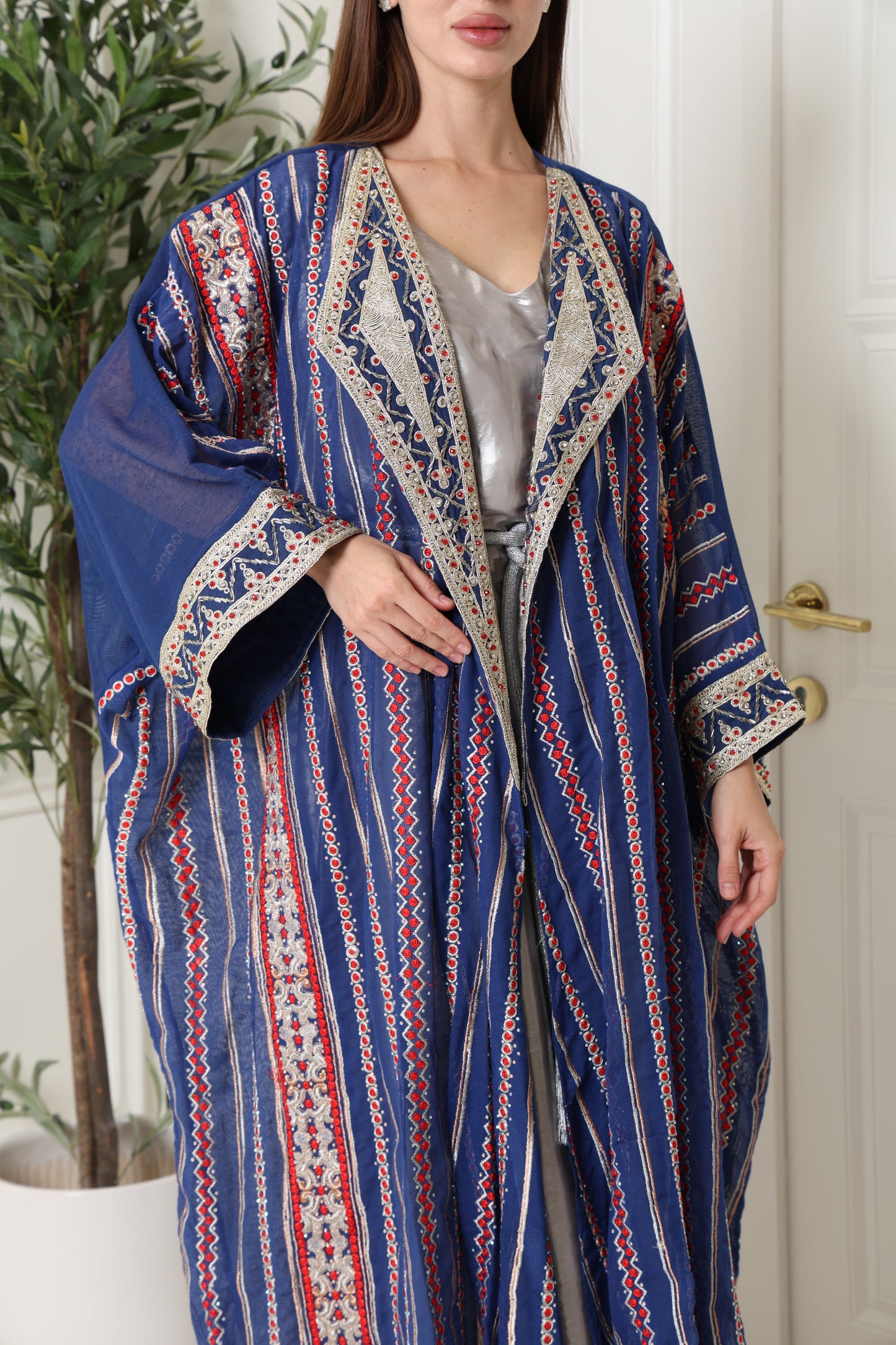 Navy Embroidered Linen Abaya