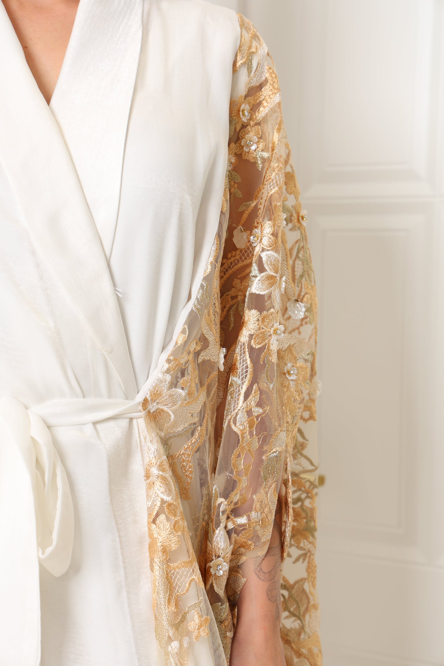 Off White Embroidered Tulle Kaftan