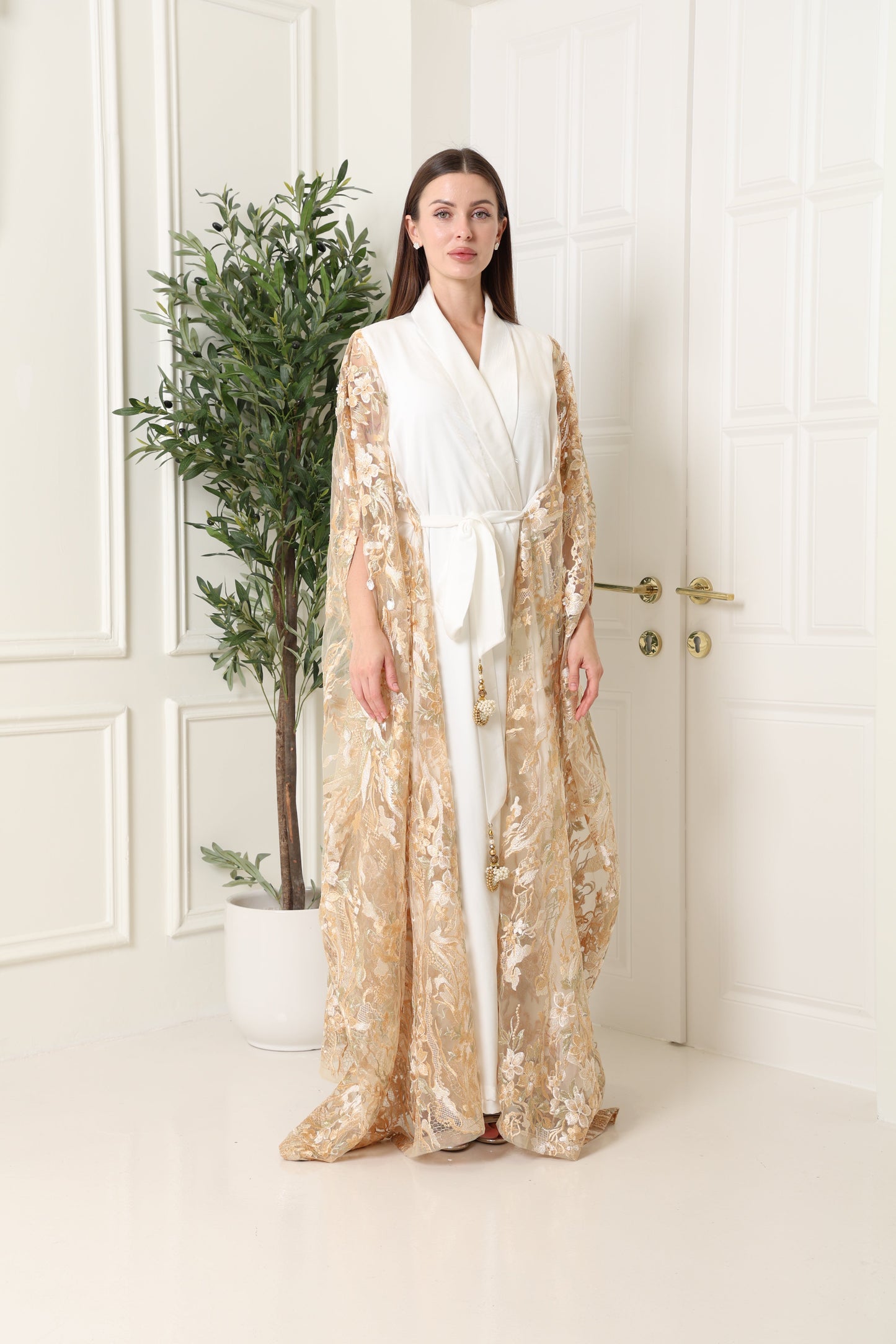 Off White Embroidered Tulle Kaftan