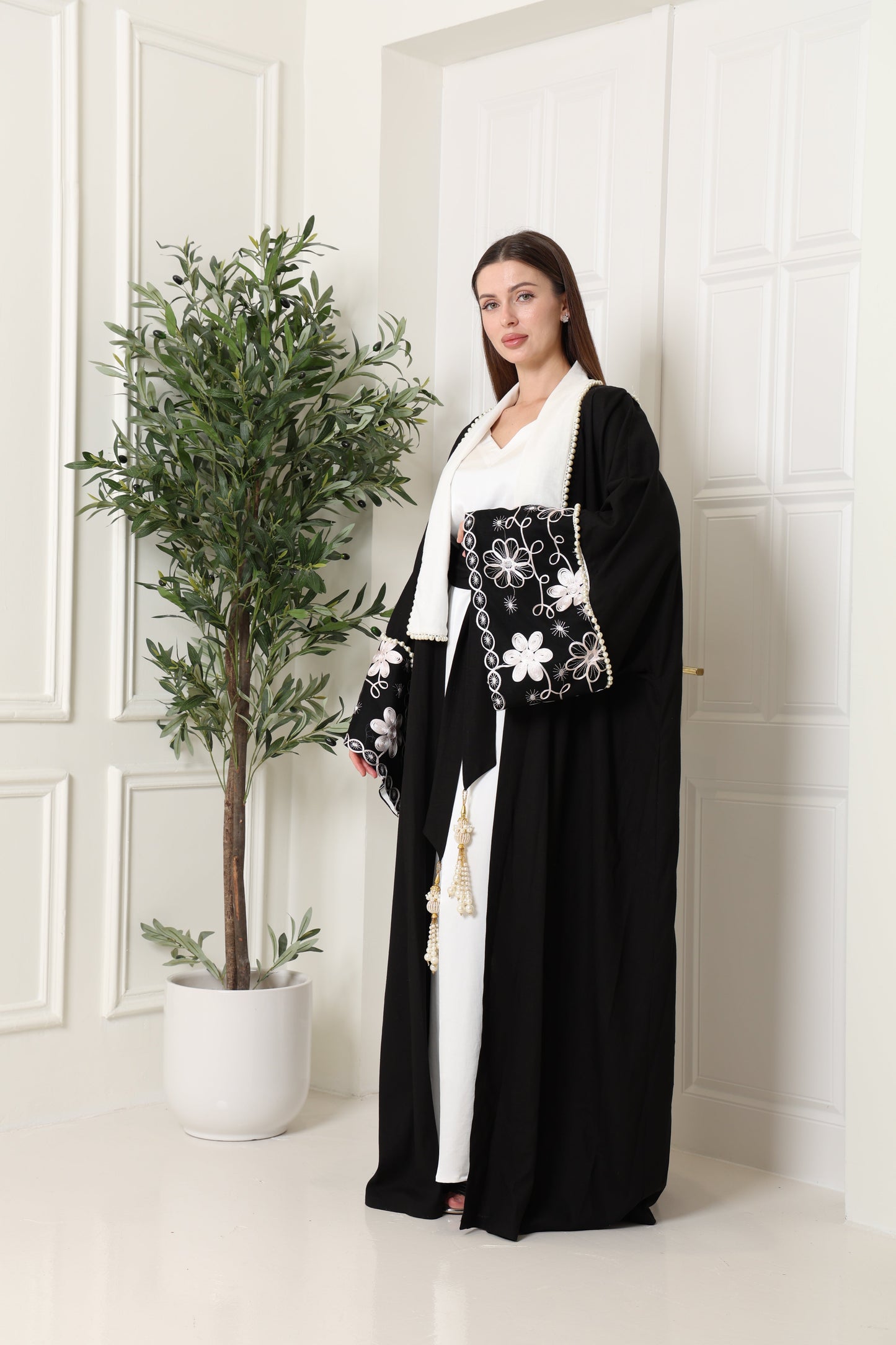 Black Embroidered Linen Abaya