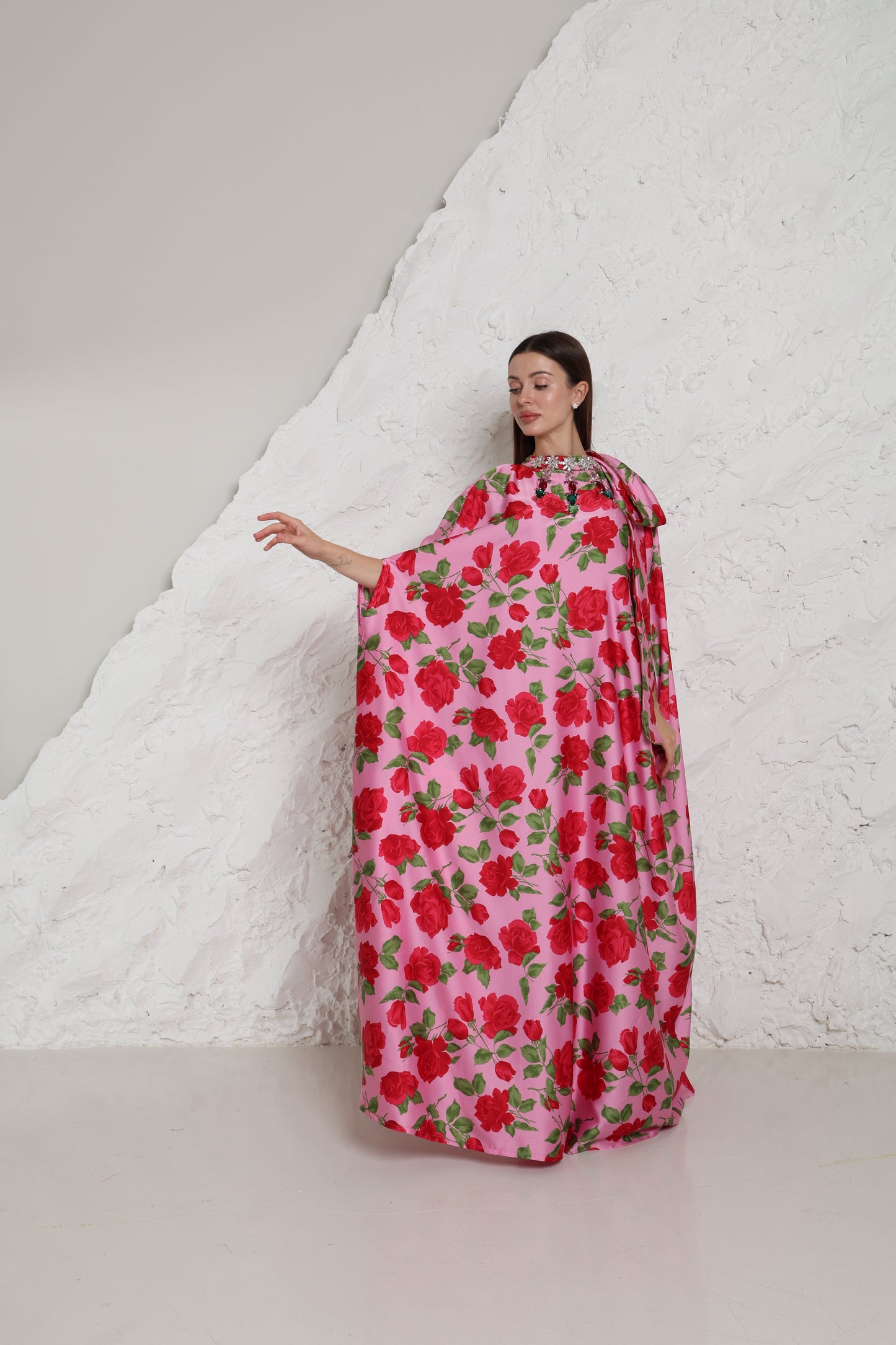 Pink Crepe Satin Evening Kaftan