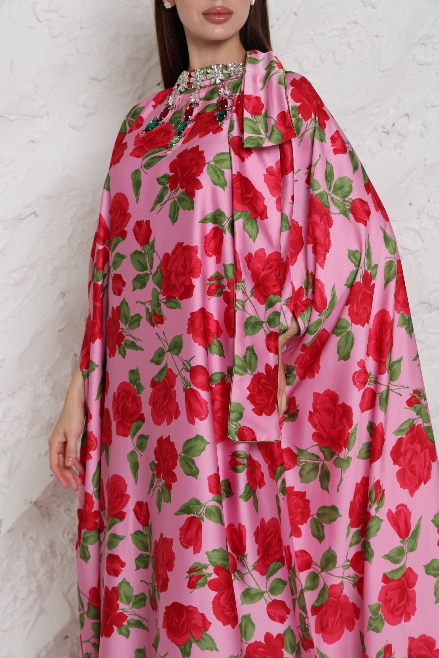 Pink Crepe Satin Evening Kaftan