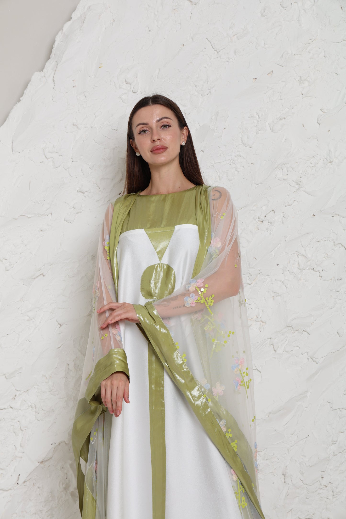 Off White Embroidered Organza Kaftan