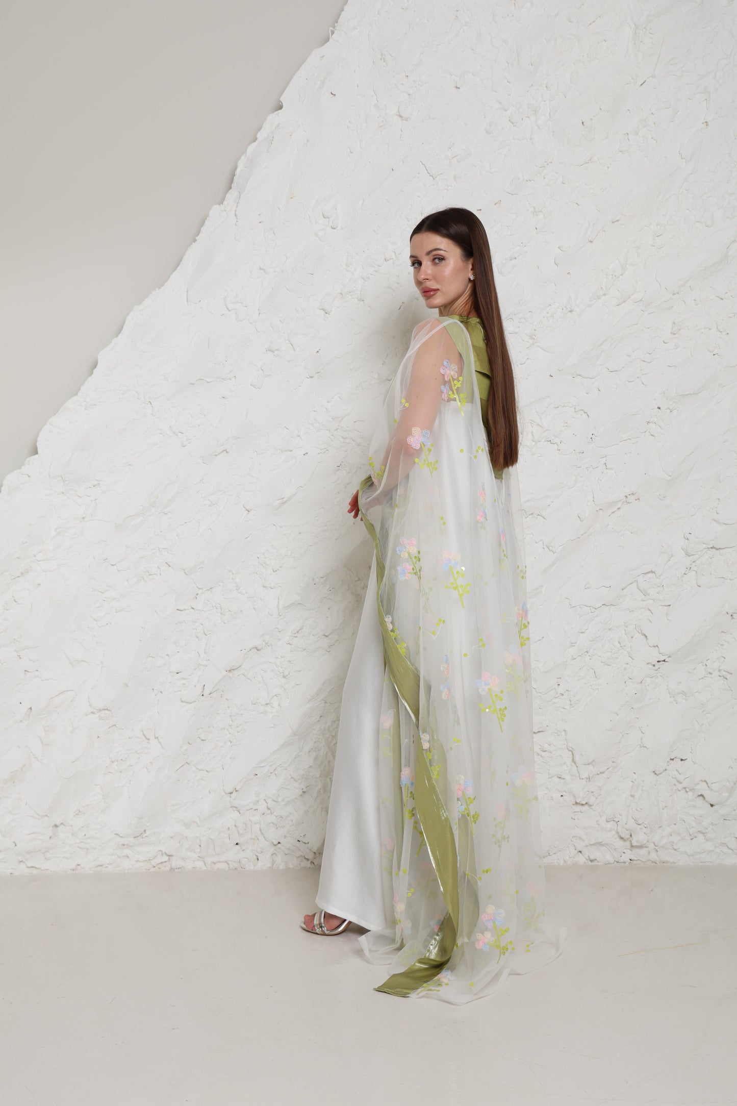 Off White Embroidered Organza Kaftan