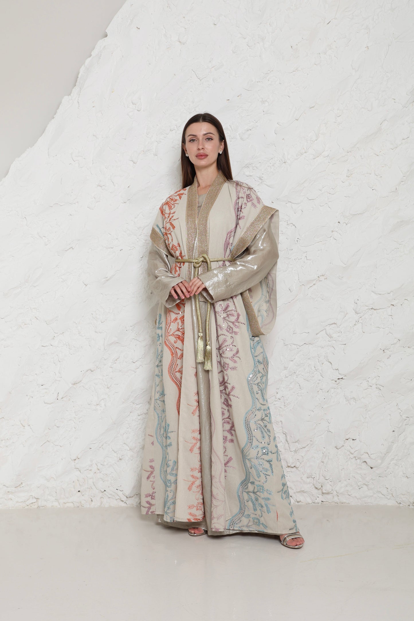 Beige Embroidered Linen Kaftan