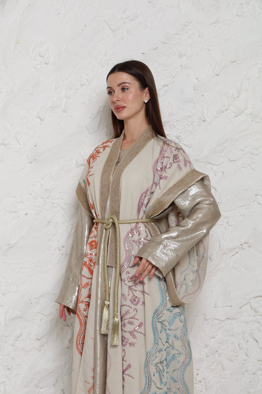 Beige Embroidered Linen Kaftan