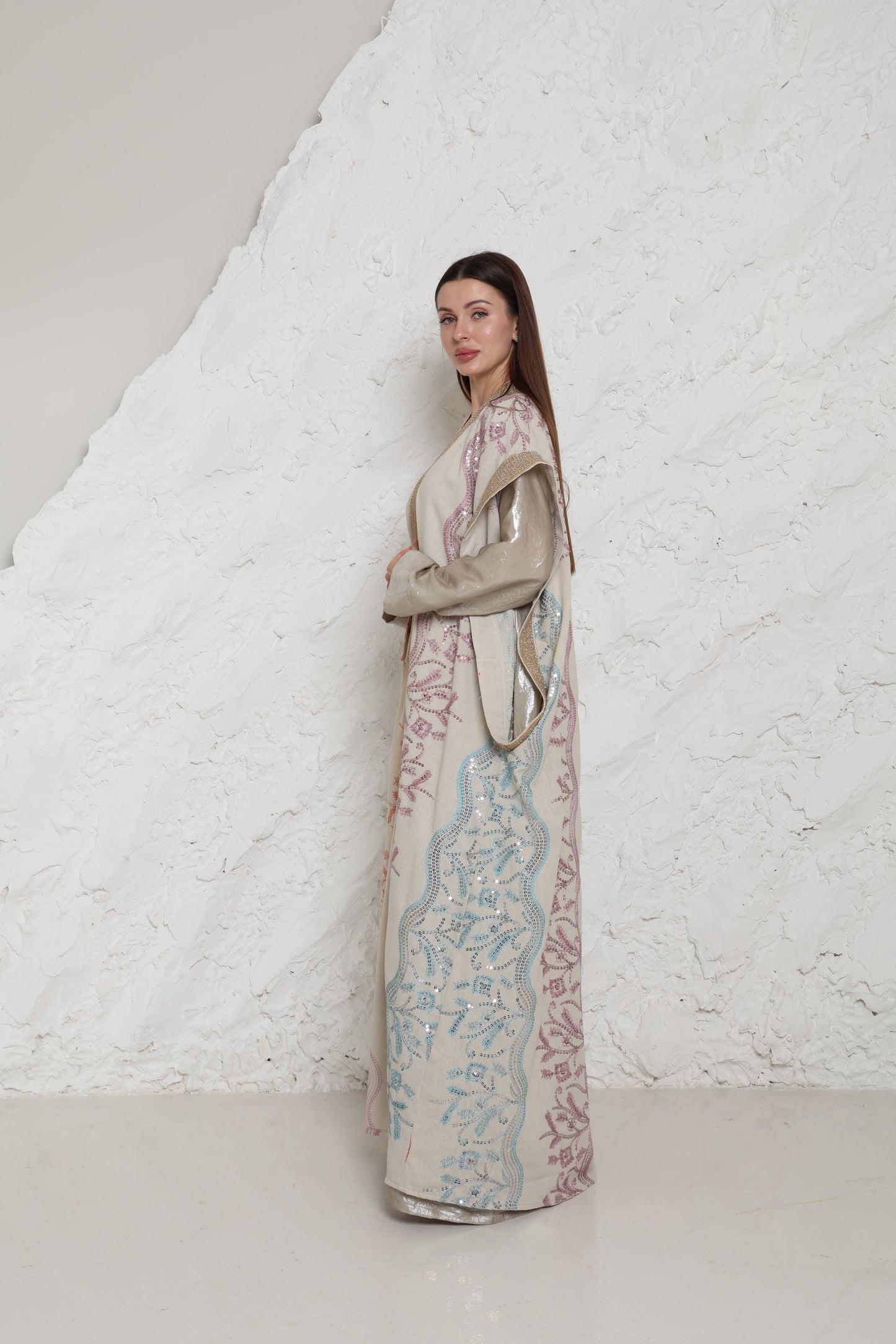 Beige Embroidered Linen Kaftan