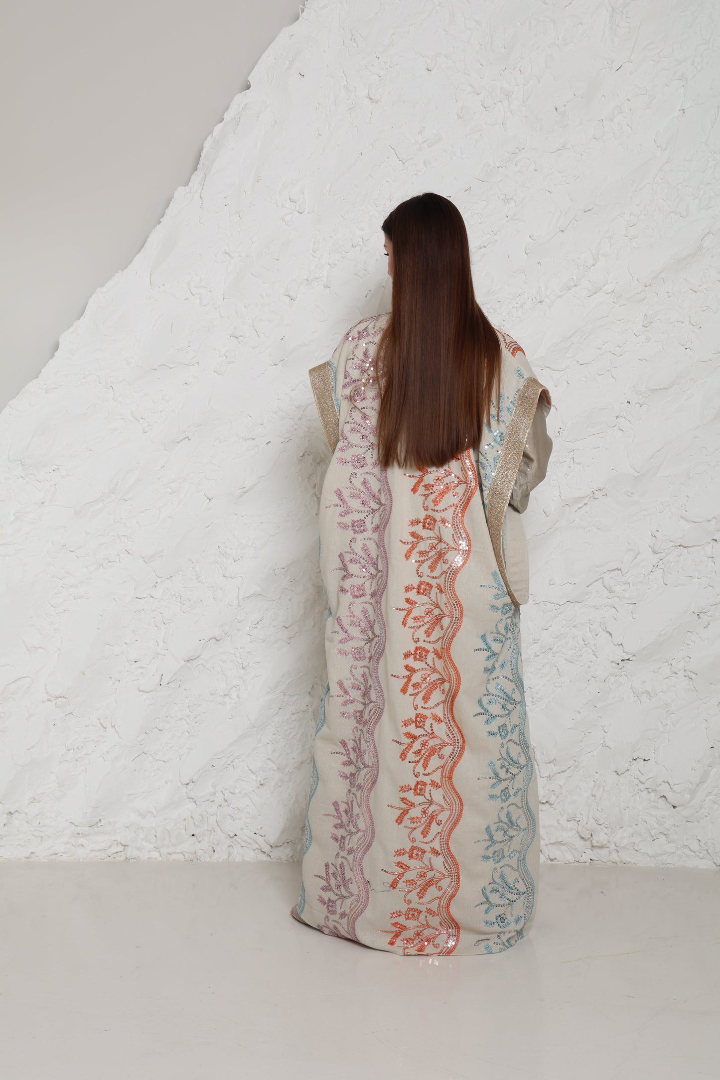 Beige Embroidered Linen Kaftan