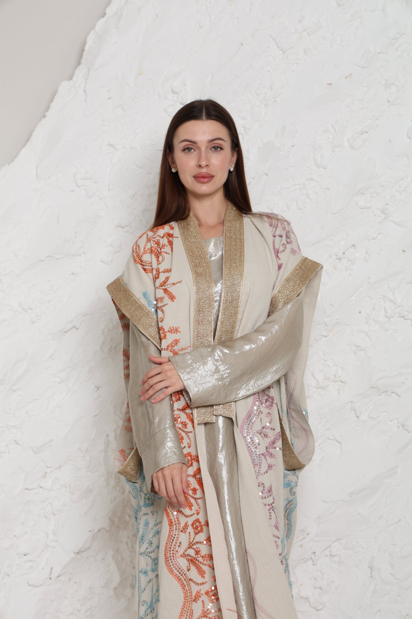 Beige Embroidered Linen Kaftan