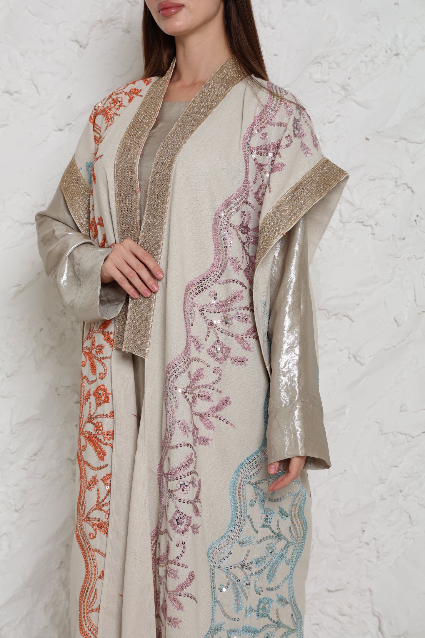 Beige Embroidered Linen Kaftan